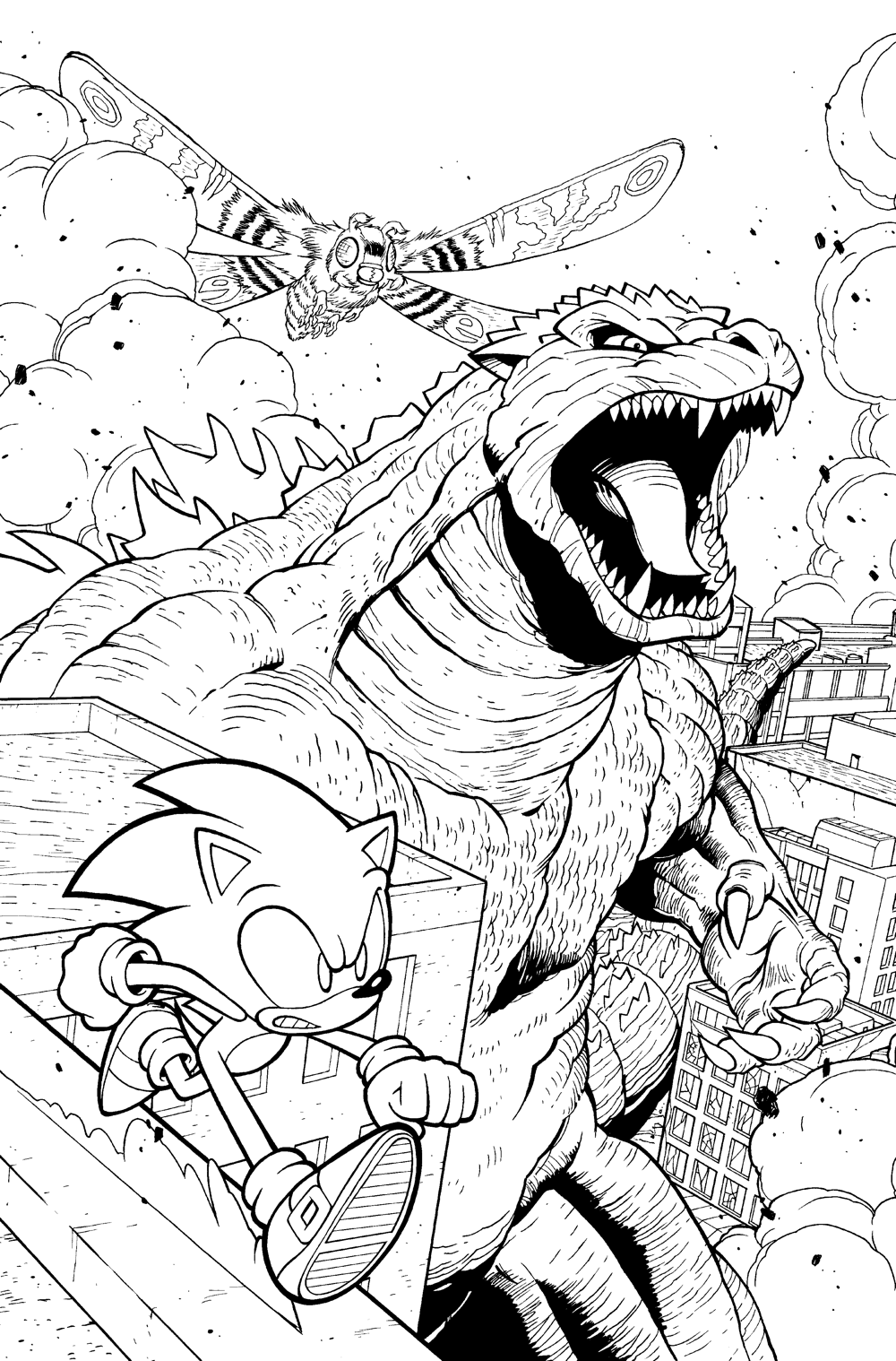 Sonic x Godzilla #3 cover coloring page Sonic the Hedgehog x Godzilla #3 cover coloring page